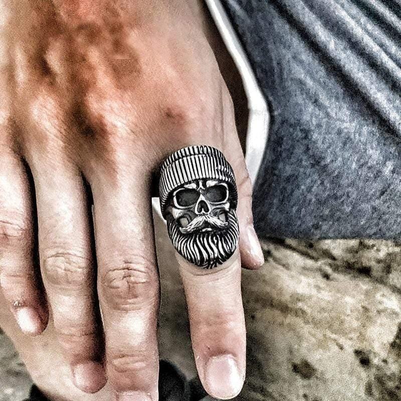 RETRO BEARDED MAN STAINLESS STEEL SKULL RING