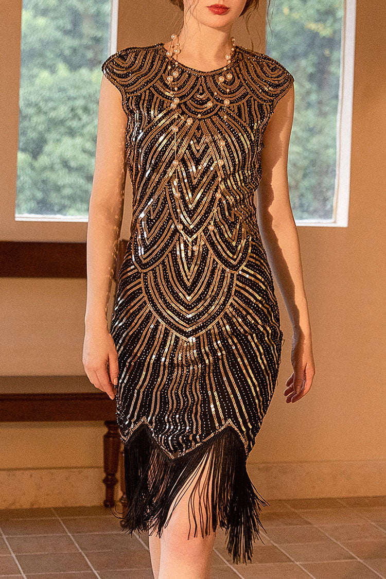 Vestido midi estilo Gatsby de los años 20 con escote redondo, lentejuelas y flecos, dorado
