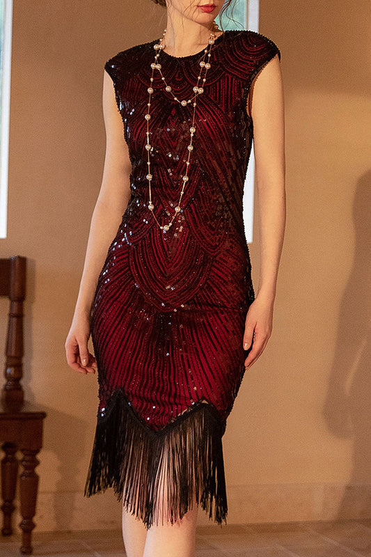 Vestido midi estilo Gatsby de los años 20 con escote redondo, lentejuelas y flecos, en color rojo