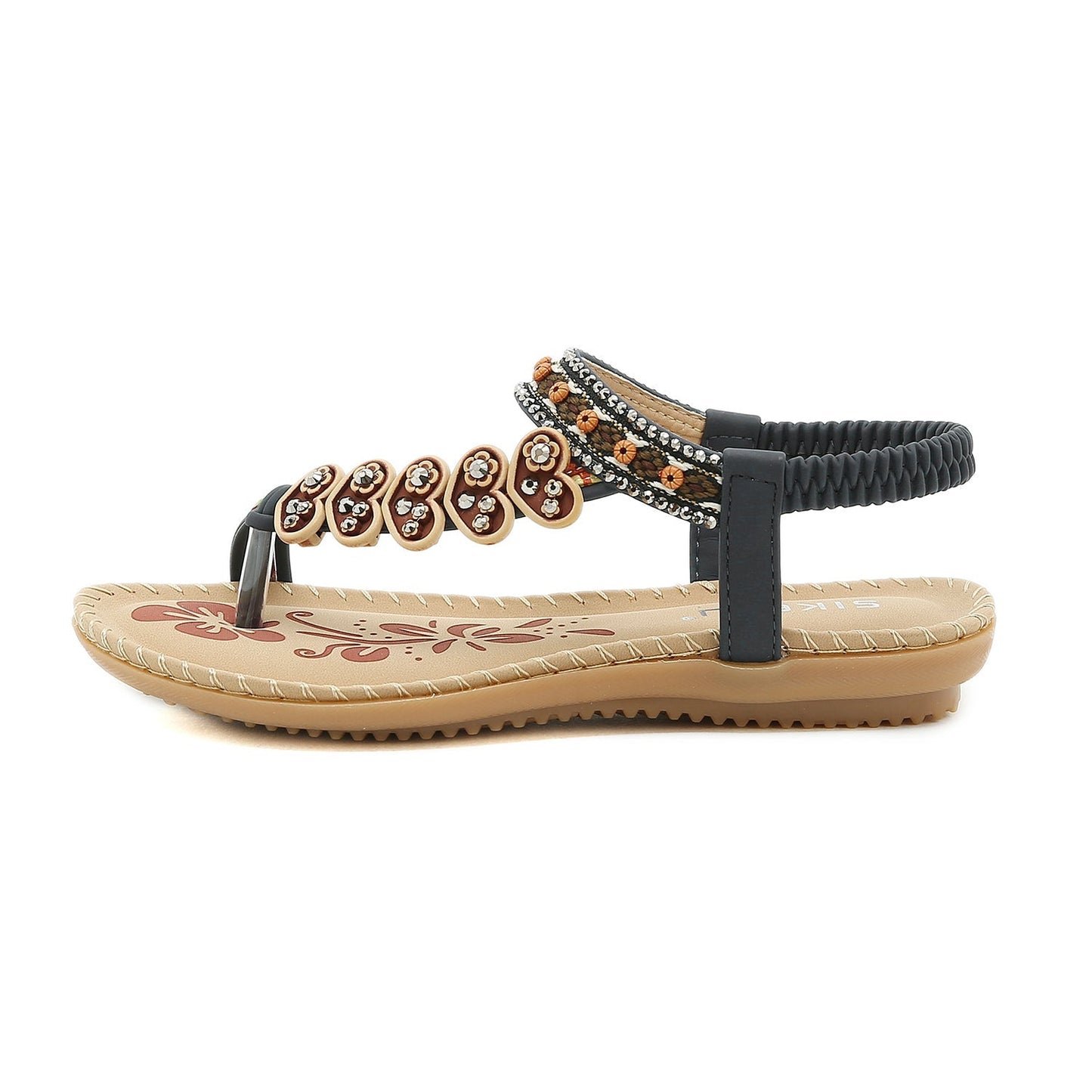 Sandalias planas estilo bohemio con adornos de corazones negros - SIKETU 
