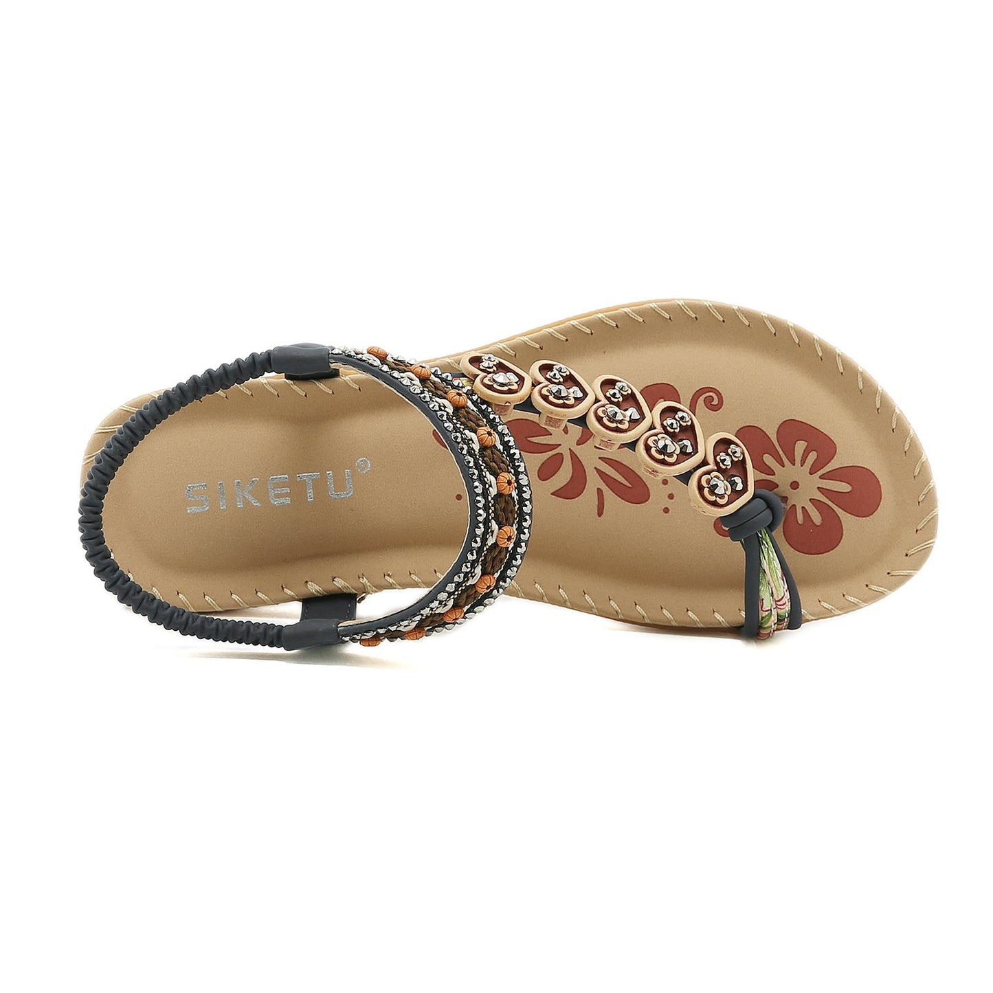 Sandalias planas estilo bohemio con adornos de corazones negros - SIKETU 