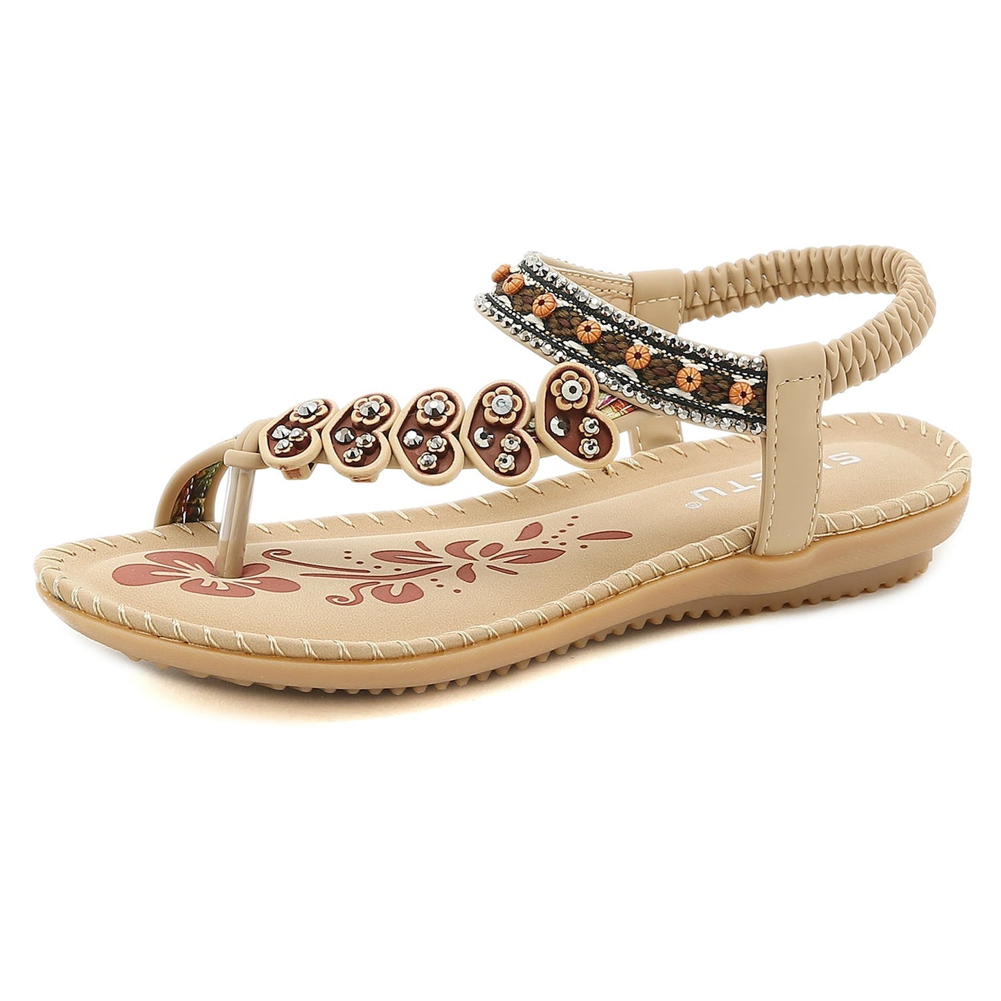 Sandalias planas estilo bohemio con ribete de corazón en color beige - SIKETU 
