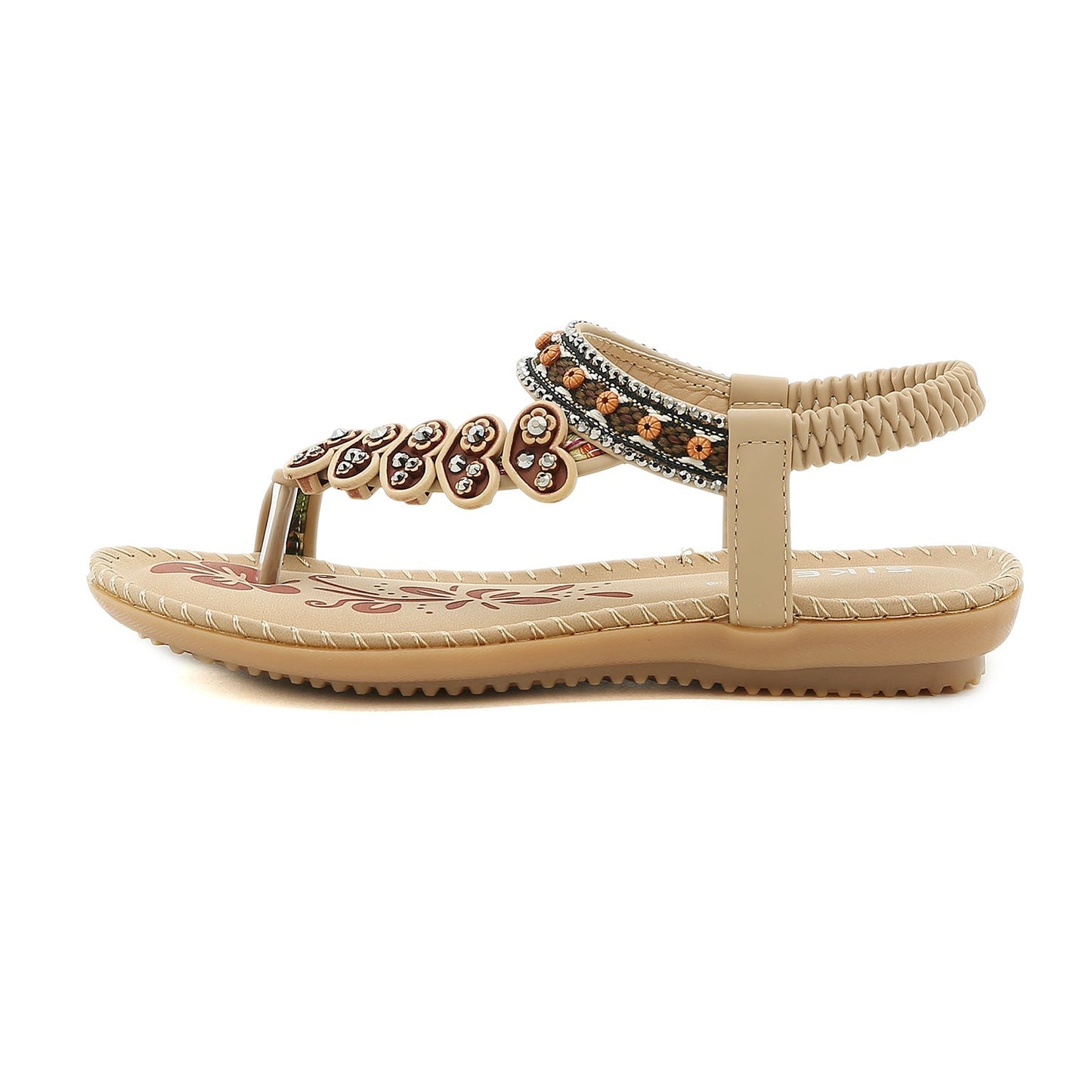 Sandalias planas estilo bohemio con ribete de corazón en color beige - SIKETU 