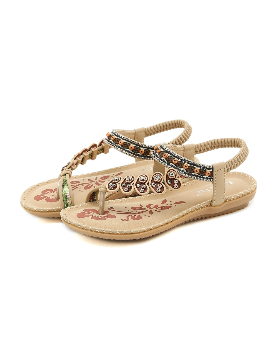 Beige Heart Trimed Boho Slide Flat Sandals - SIKETU