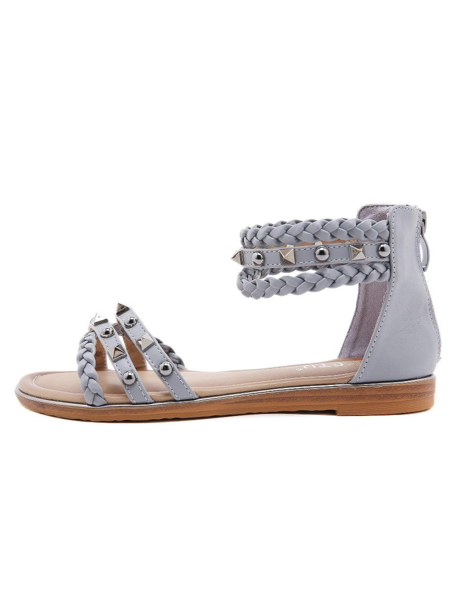 Stud Braided Ankle-Strap Sandals - SIKETU