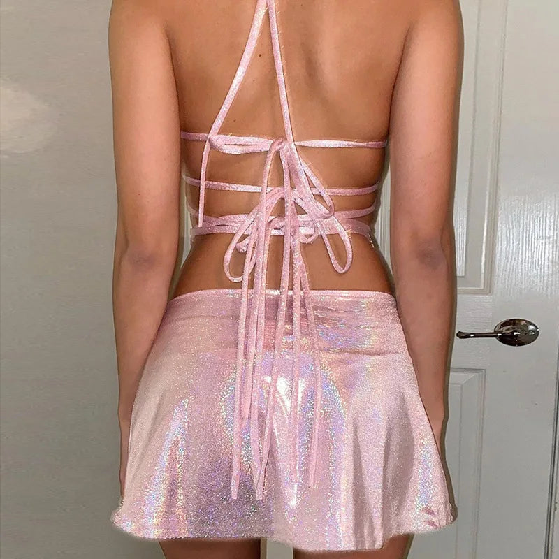 Glitter Pink Two Piece Set Fairy Grunge Crop Top Mini Skirt