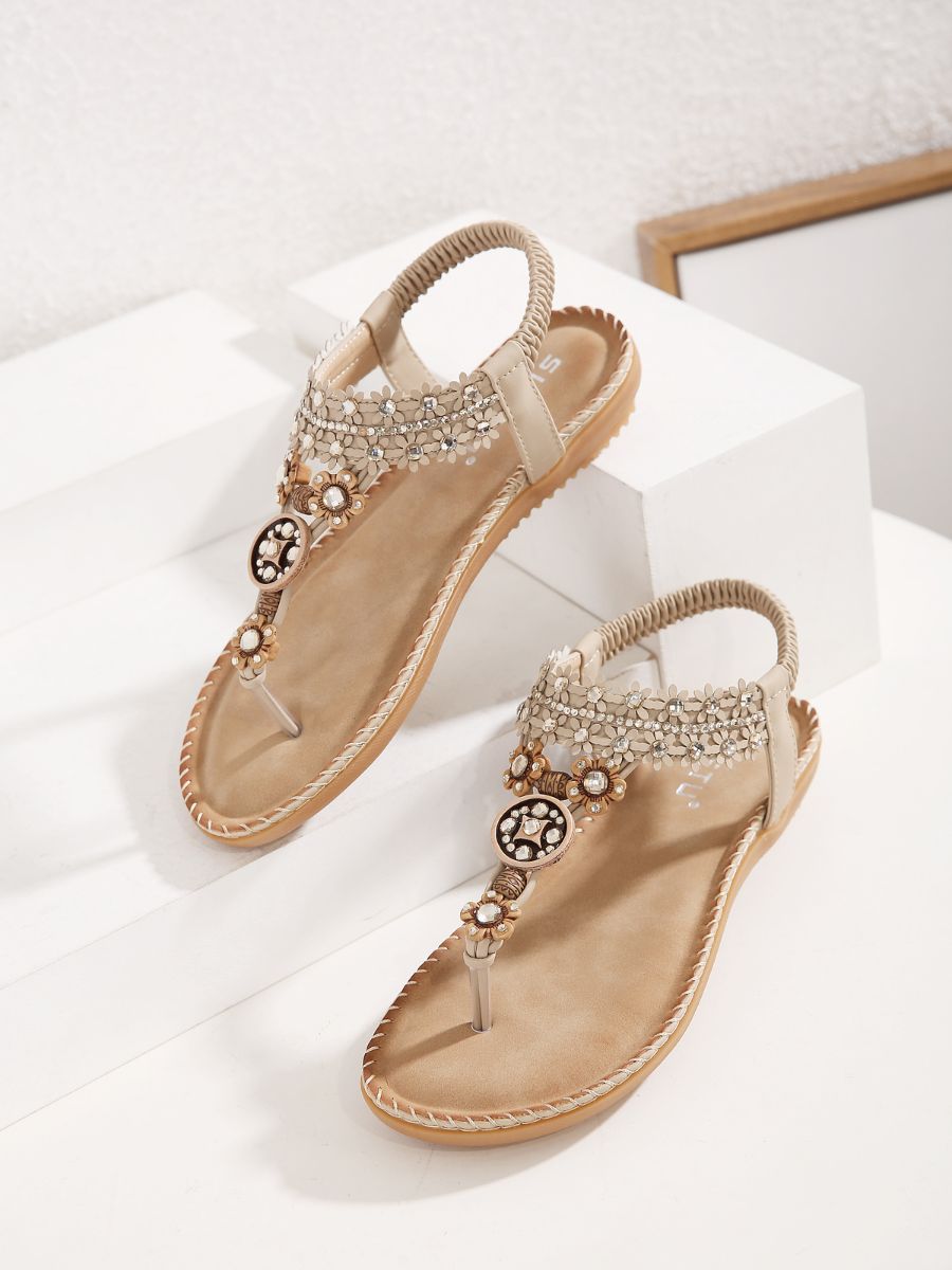 SIKETU | KHAKI FLORAL-ACCENT RHINESTONE SANDAL