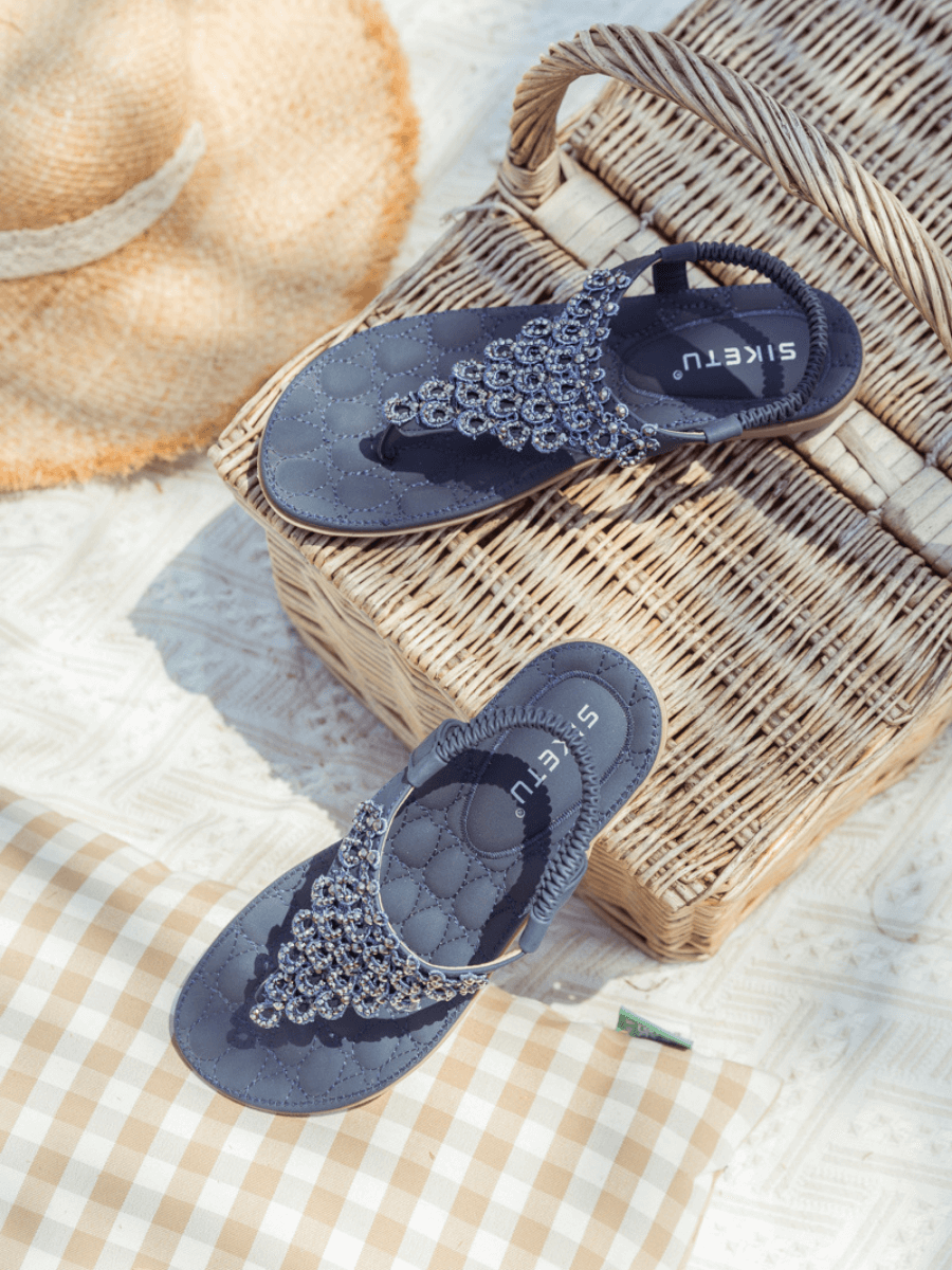 SIKETU | Navy Crystal V-Strap Sandals