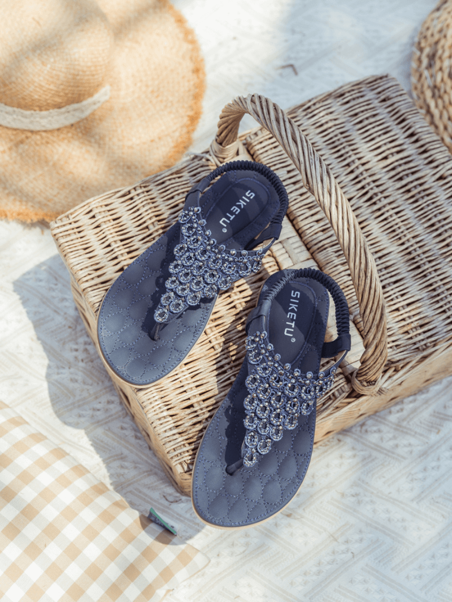 SIKETU | Navy Crystal V-Strap Sandals