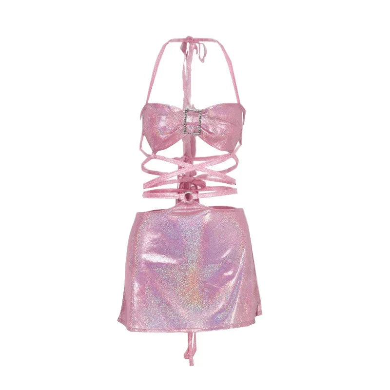 Glitter Pink Two Piece Set Fairy Grunge Crop Top Mini Skirt