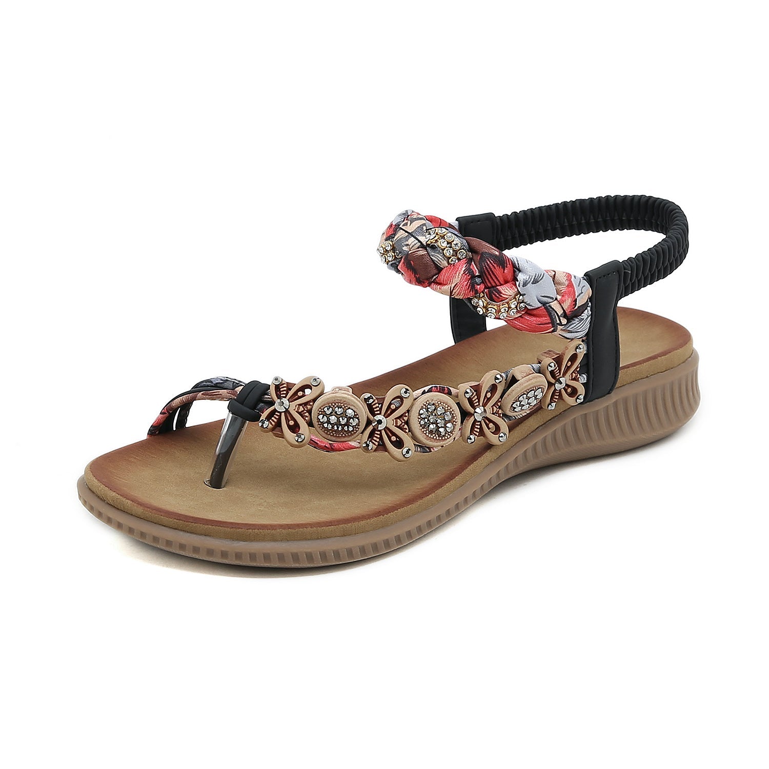 SIKETU | FLORAL BEAD BRAIDED ASYMMETRICAL SANDAL - BLACK