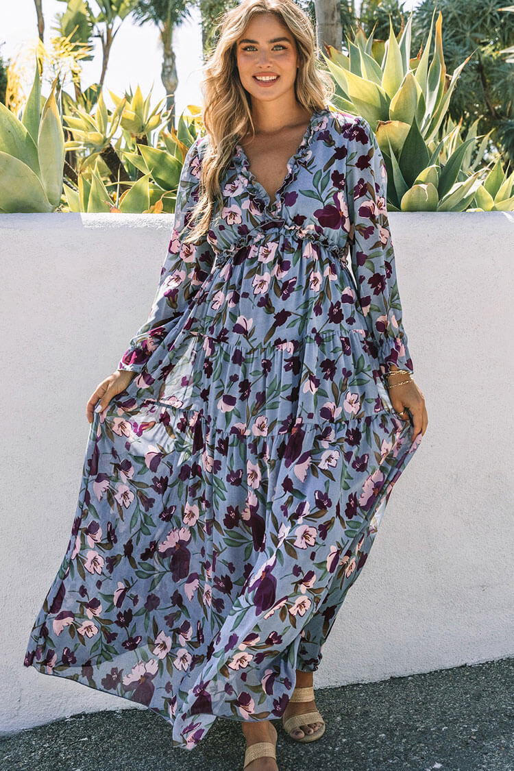 Vestido largo bohemio chic de gasa con cuello en V, manga larga y estampado floral - Azul