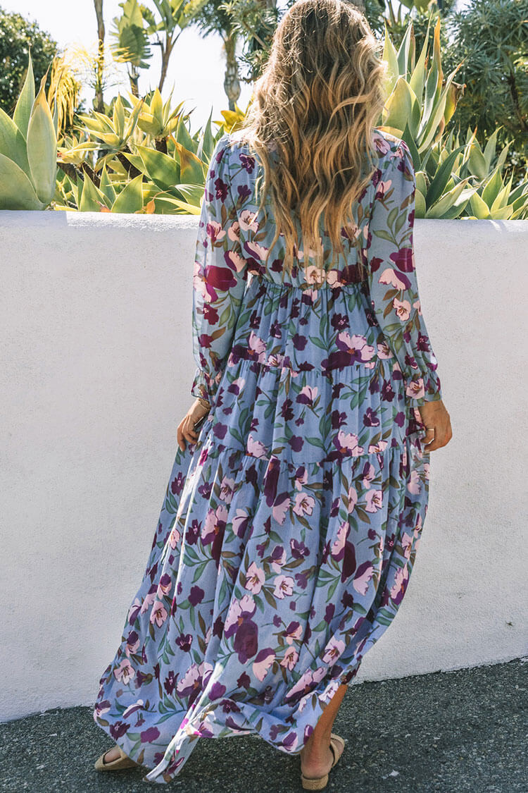 Boho Chic Ruffle V Neck Long Sleeve Chiffon Floral Printed Maxi Dress - Blue