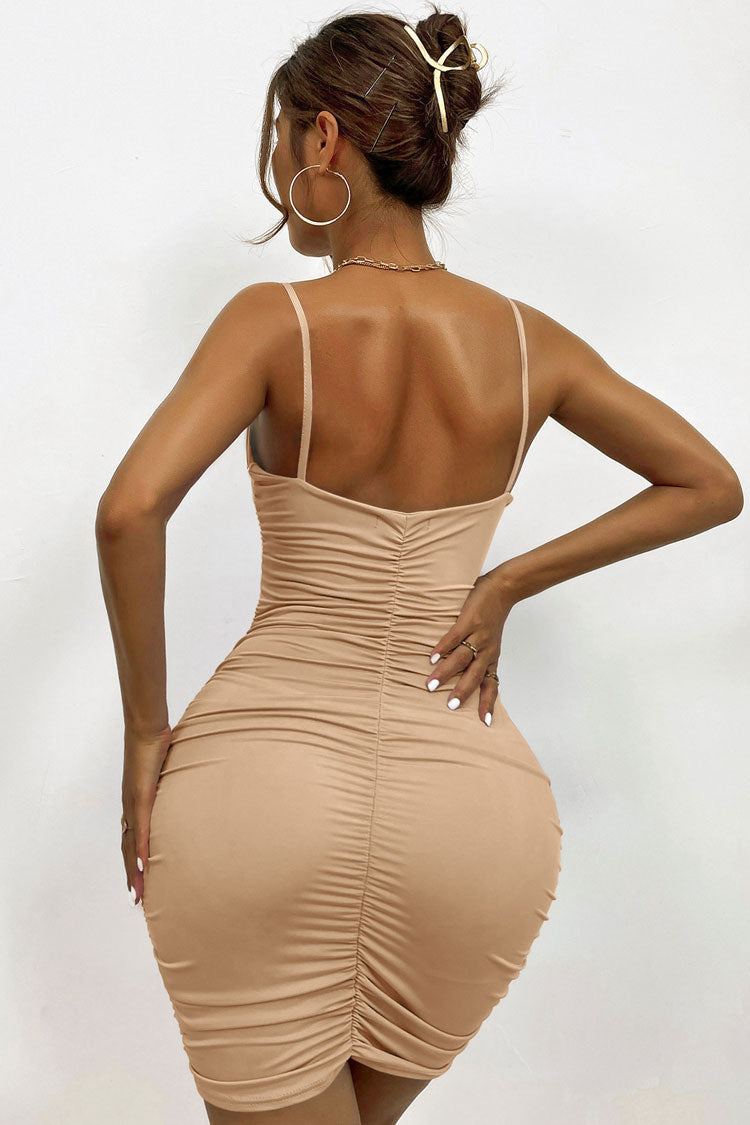 Minivestido elegante de fiesta ajustado sin mangas con escote en V profundo y fruncido - Caqui