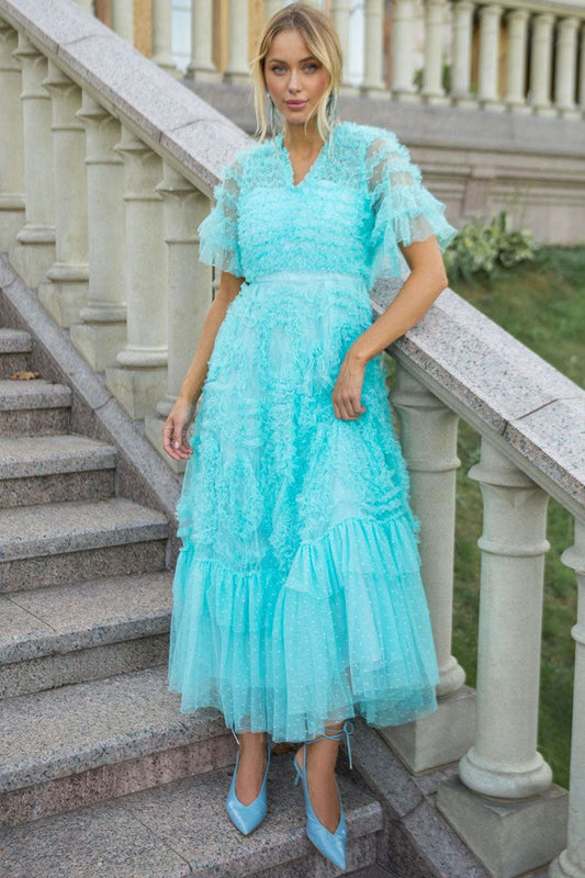 Vestido largo de tul con volantes en capas, estampado de estrellas, mangas abullonadas y escote en V de hada - Azul