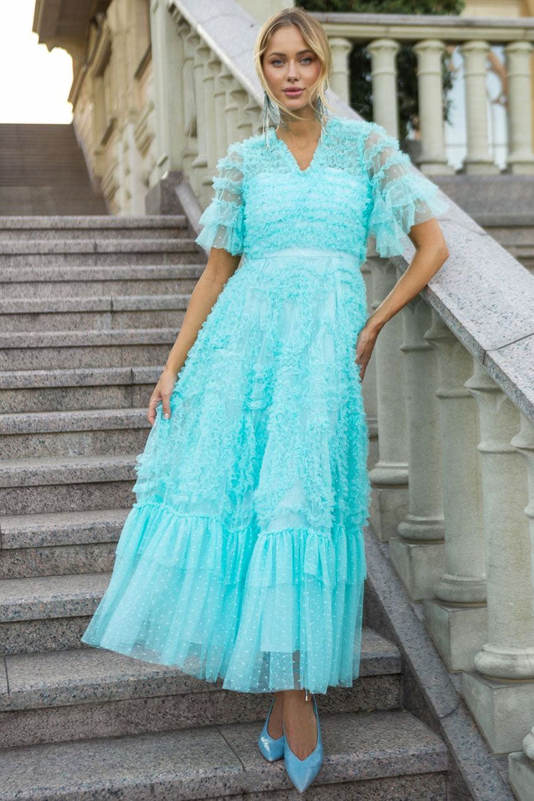 Vestido largo de tul con volantes en capas, estampado de estrellas, mangas abullonadas y escote en V de hada - Azul