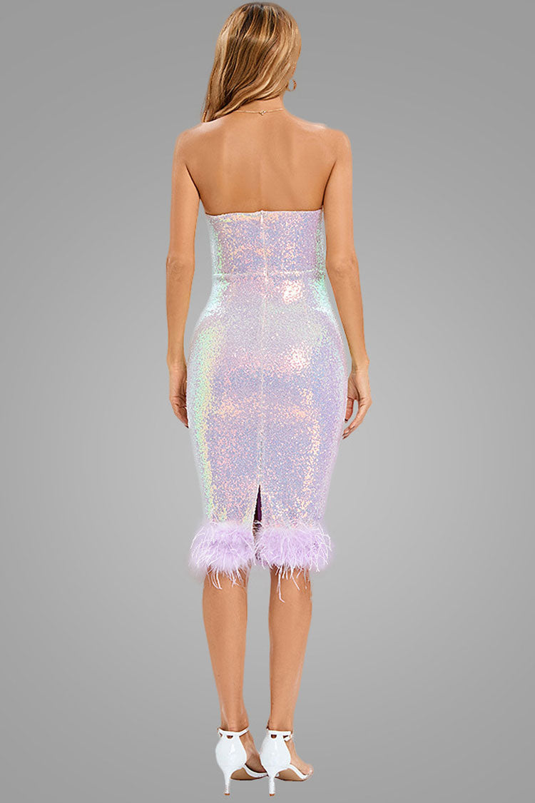 Vestido de cóctel midi sin tirantes, con escote en forma de corazón y lentejuelas iridiscentes, con plumas - Lila