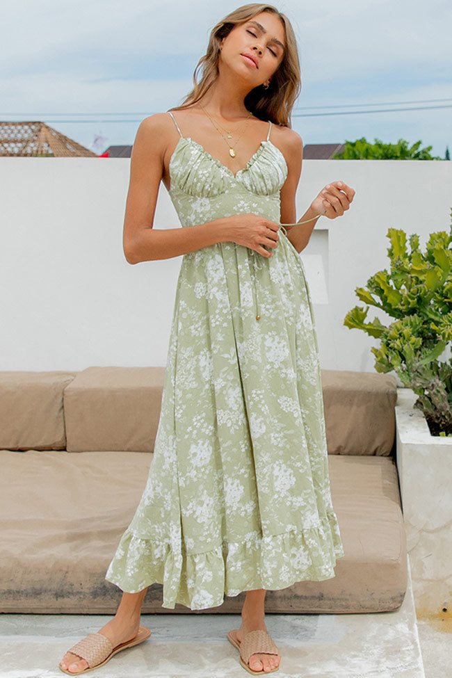 Vestido midi con escote en V profundo y estampado floral - Verde claro