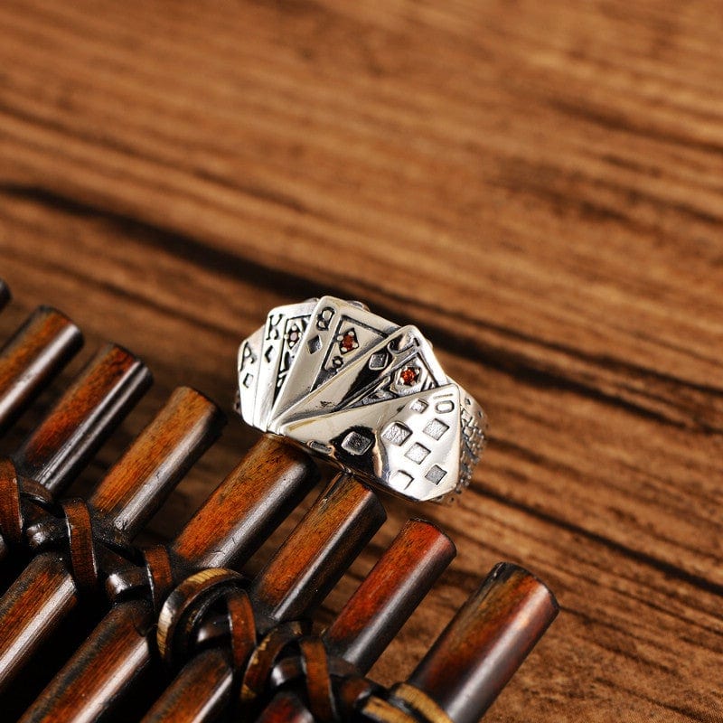 STRAIGHT FLUSH POKER CARDS SILVER RING