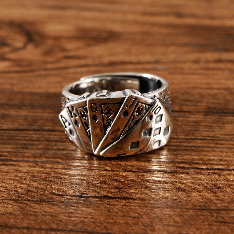 STRAIGHT FLUSH POKER CARDS SILVER RING