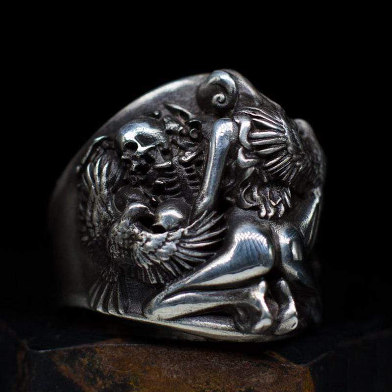 CUSTOMIZED-NAKED LADY & CROWS SKULL SILVER RING