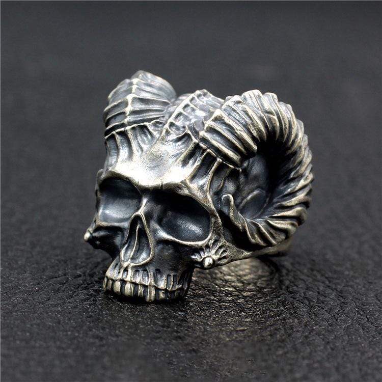 SATANIC RAM'S HORN SILVER SKULL RING