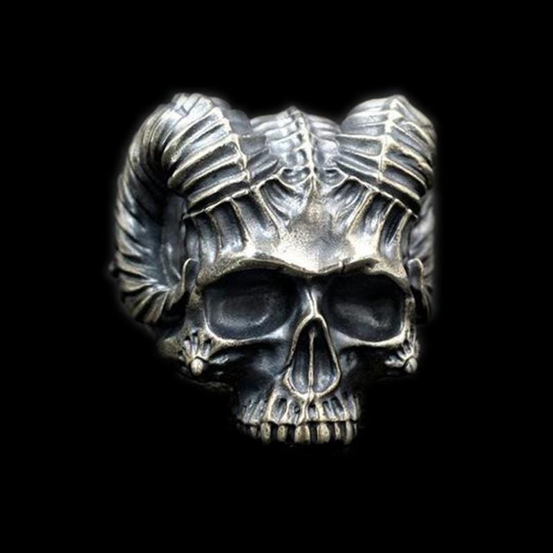 SATANIC RAM'S HORN SILVER SKULL RING